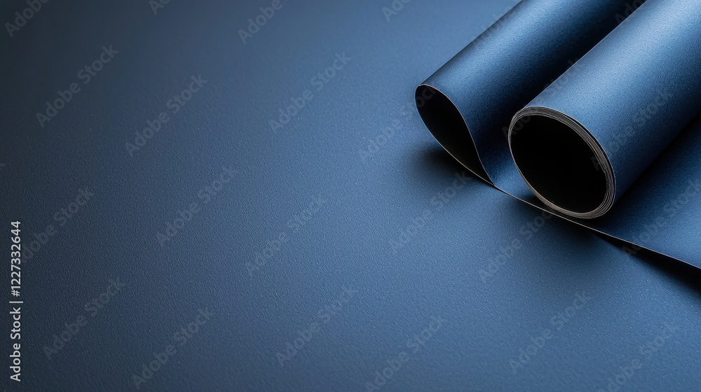 Rolled up blue paper placed on a solid blue background for creative and artistic visuals Rolled up blue paper placed on a solid blue background for creative and artistic visuals