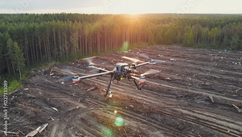 Flying over a deforested area, a professional drone with a camera captures the extent of environmental damage at sunset, highlighting the forest in the background