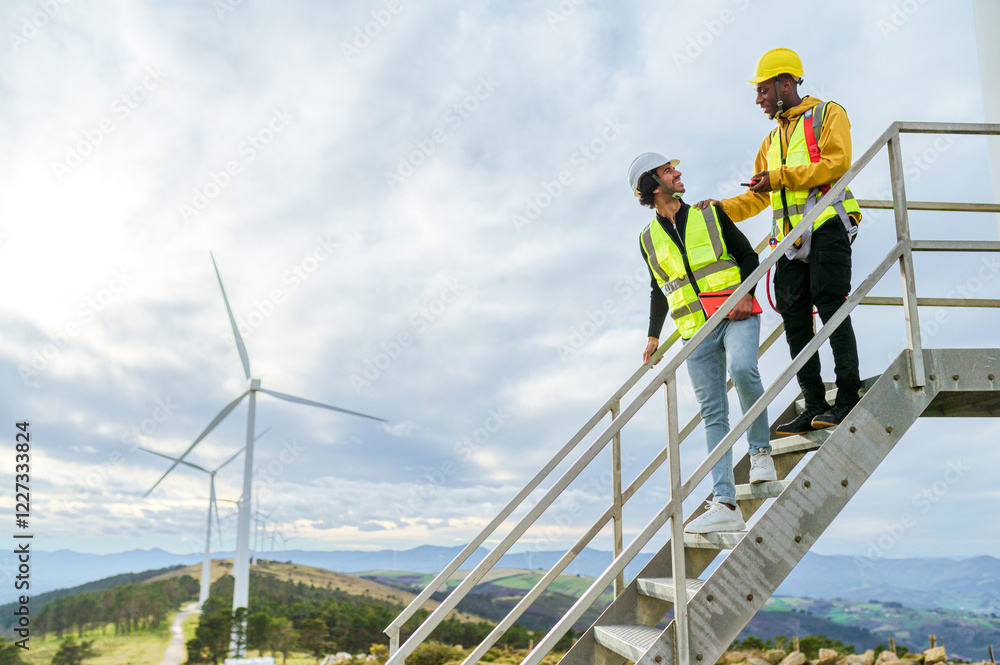 custom made wallpaper toronto digitalYoung black worker and indian engineer discussing wind power operations on a turbine platform