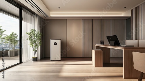 Wallpaper Mural A high-end home office in a modern condo, featuring a minimalist air purifier next to a sleek wooden desk Torontodigital.ca