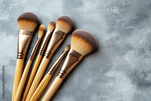 Makeup brushes on grey background; beauty tools, flatlay, cosmetic accessories