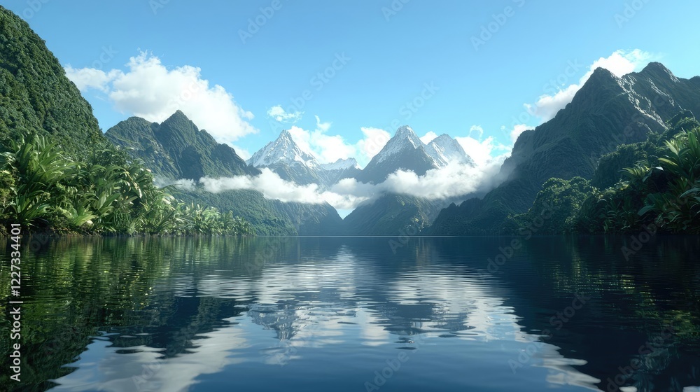 Serene mountain lake reflection, lush rainforest, tranquil scene, travel postcard