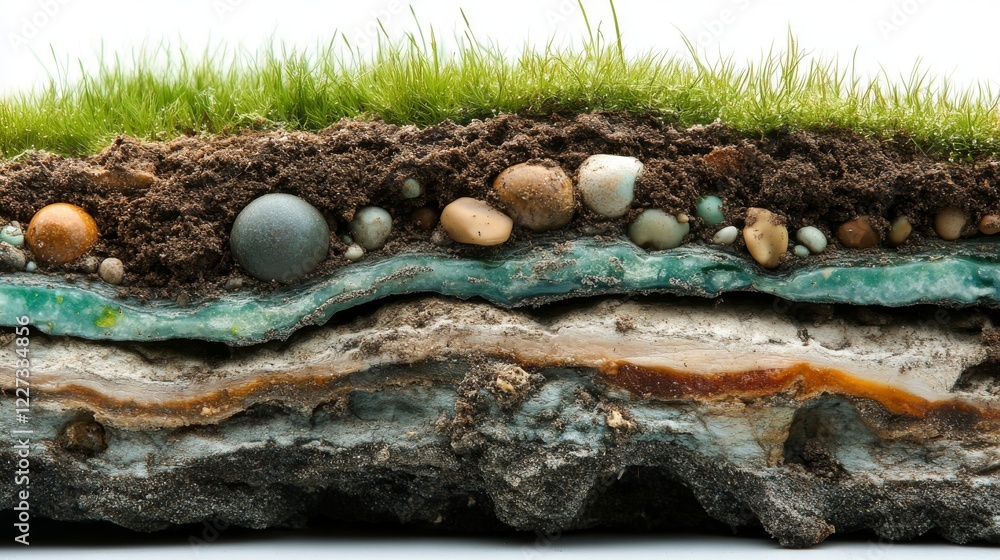 A cross-sectional view of green grass and the layers of underground soil below A cross-sectional view of green grass and the layers of underground soil below