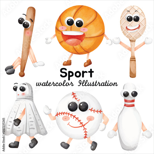 Fun and Cute Watercolor Illustration of Six Sport Characters: Bat, Ball, Paddle, Shuttlecock, and Bowling Pin