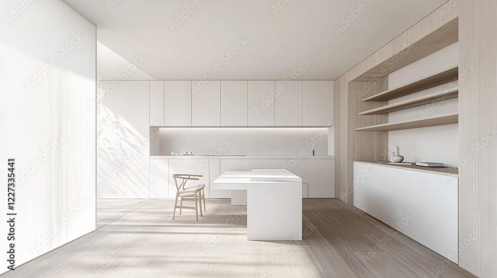 A minimalist Nordic workspace with a white desk, natural wood shelving, and bright daylight enhancing the clean aesthetic A minimalist Nordic workspace with a white desk, natural wood shelving, and bright daylight enhancing the clean aesthetic