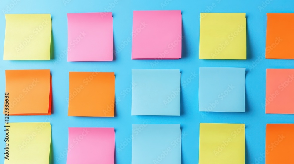 Colorful sticky notes in various shades arranged neatly on a blue background, perfect for organization and brainstorming. Colorful sticky notes in various shades arranged neatly on a blue background, perfect for organization and brainstorming.