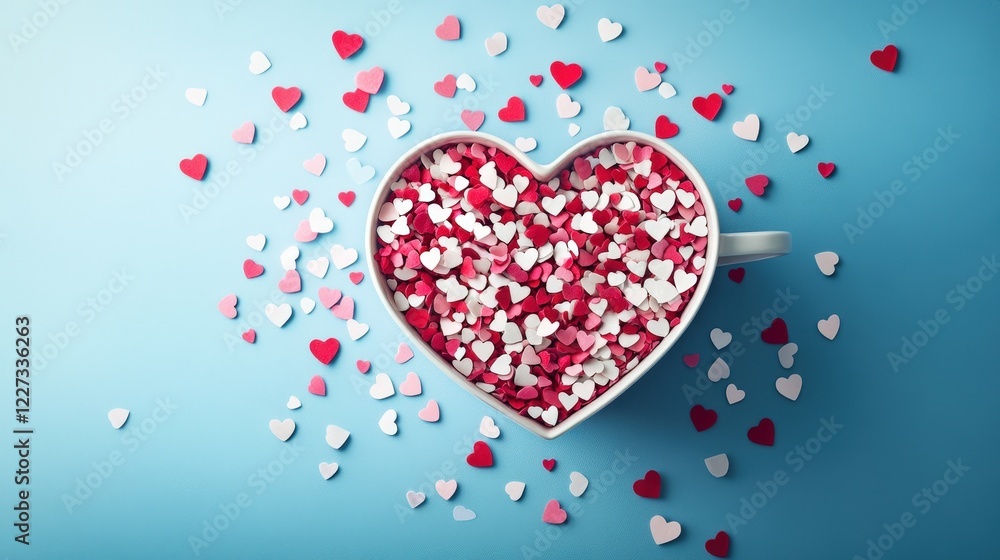 Heart-Shaped Container Filled with Colorful Paper Hearts on a Soft Blue Background for Valentine's Day Celebrations and Decoration Ideas Heart-Shaped Container Filled with Colorful Paper Hearts on a Soft Blue Background for Valentine's Day Celebrations and Decoration Ideas