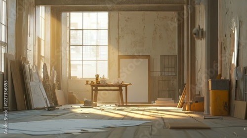 A contractor's workspace set up in an empty living room, with blueprints and sawdust on the floor. photo