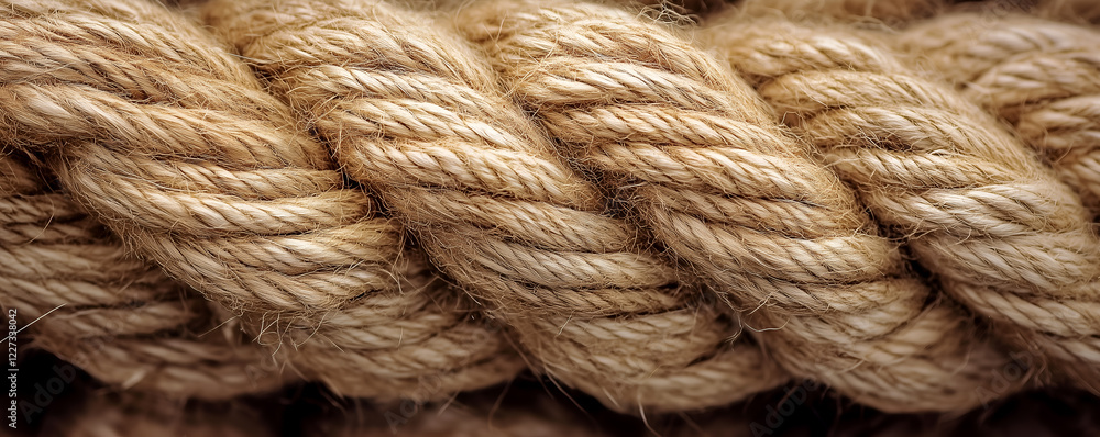 Close-up of a heavy-duty rope showing texture, strength, and industrial detail, showcasing the sturdy woven fibers and robust construction Close-up of a heavy-duty rope showing texture, strength, and industrial detail, showcasing the sturdy woven fibers and robust construction