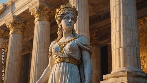 A majestic Greek marble statue of a crowned woman in flowing robes, standing in front of majestic classical columns bathed in warm light. photo