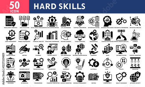 Hard skills icon set collection. Simple black glyph vector.