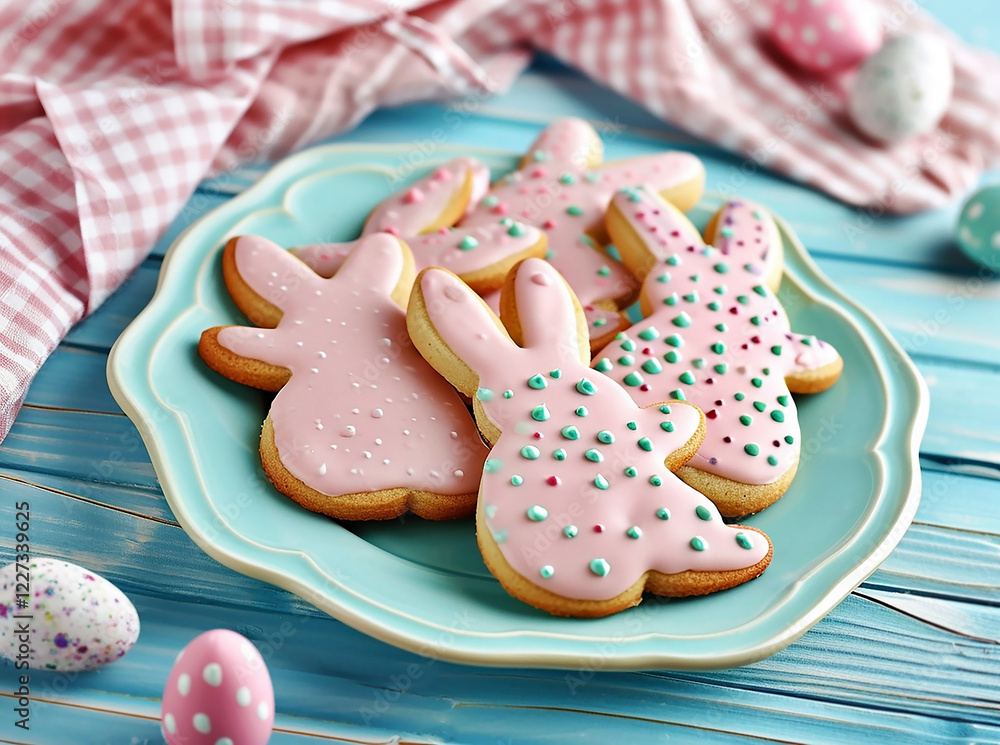 Festive glazed Easter cookies in the shape of a rabbit with decorative pattern on a blue wooden background Festive glazed Easter cookies in the shape of a rabbit with decorative pattern on a blue wooden background