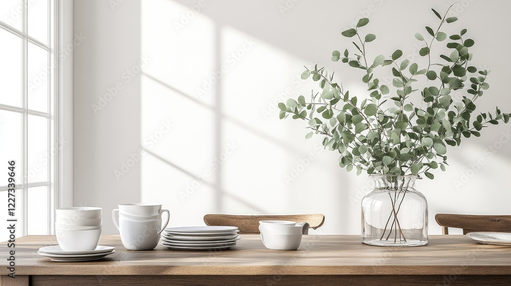 A simple, elegant Scandinavian dining area with a wooden table, ceramic dinnerware, and sunlit eucalyptus branches in a glass vase A simple, elegant Scandinavian dining area with a wooden table, ceramic dinnerware, and sunlit eucalyptus branches in a glass vase