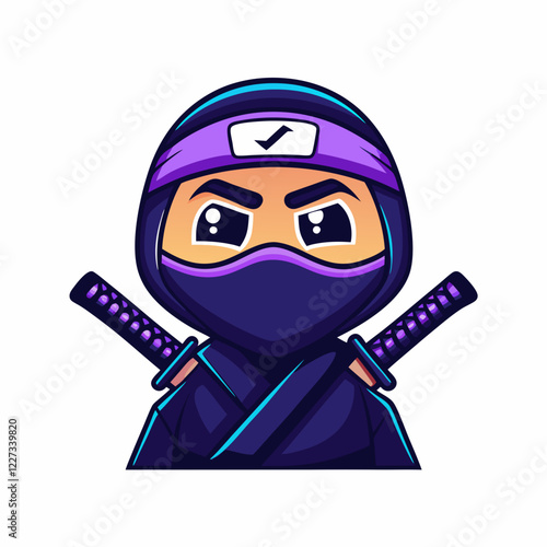 Cartoon Ninja Character with Purple Headband and Dual Swords, Bold and Stealthy Illustration of a Skilled Fighter