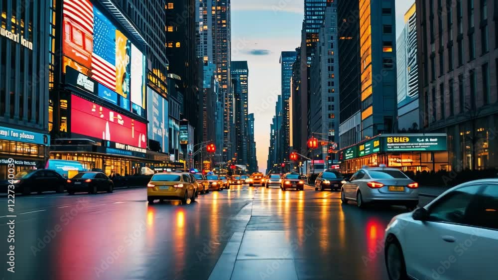 Urban street scene during twilight with busy traffic and skyscrapers Urban street scene during twilight with busy traffic and skyscrapers