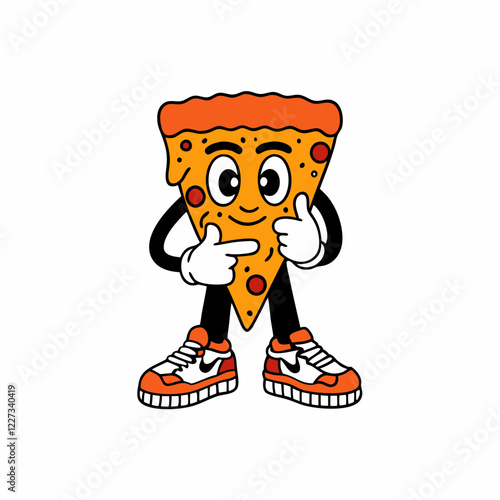 Cartoon Slice of Pizza Character with Sneakers, Fun and Playful Illustration of a Food Mascot, Cheesy and Happy