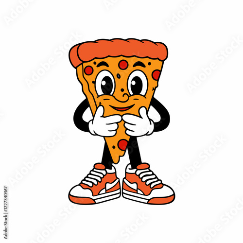 Cartoon Slice of Pizza Character with Sneakers, Fun and Playful Illustration of a Food Mascot, Cheesy and Happy