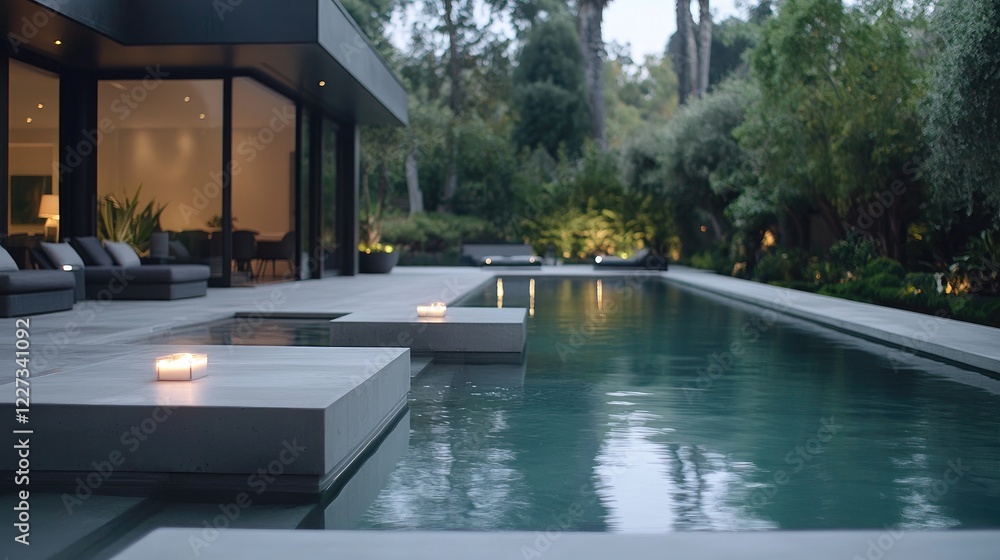 Fototapeta premium Modern home poolside twilight view