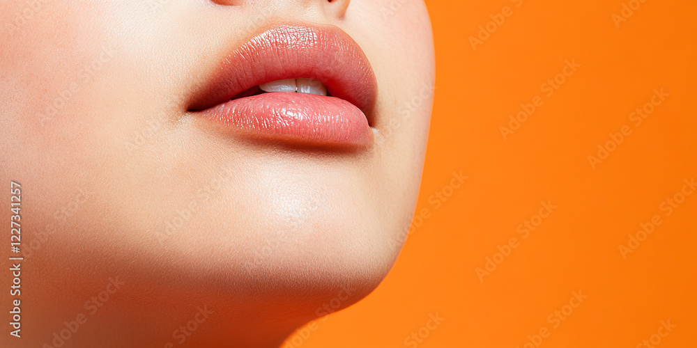 Obraz premium Close-up of Woman's Lips and Chin against Orange Background