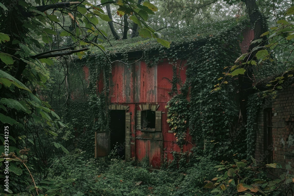 Abandoned red wooden building with peeling paint and broken windows, being slowly reclaimed by nature Abandoned red wooden building with peeling paint and broken windows, being slowly reclaimed by nature
