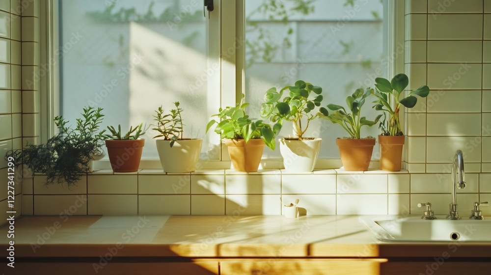 A stylish Nordic bathroom with white subway tiles, a wooden vanity, and sunlight highlighting greenery in ceramic pots A stylish Nordic bathroom with white subway tiles, a wooden vanity, and sunlight highlighting greenery in ceramic pots