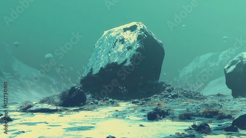Ethereal Aquatic Landscape Featuring A Large Rock Formation