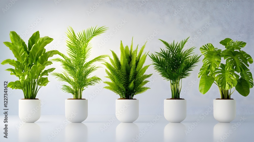 Fototapeta premium Lush tropical and illustrated botanical plants collection on a white background, including monstera, ferns, palms, and vines, ideal for eco-friendly branding, botanical designs, wallpapers, and nature