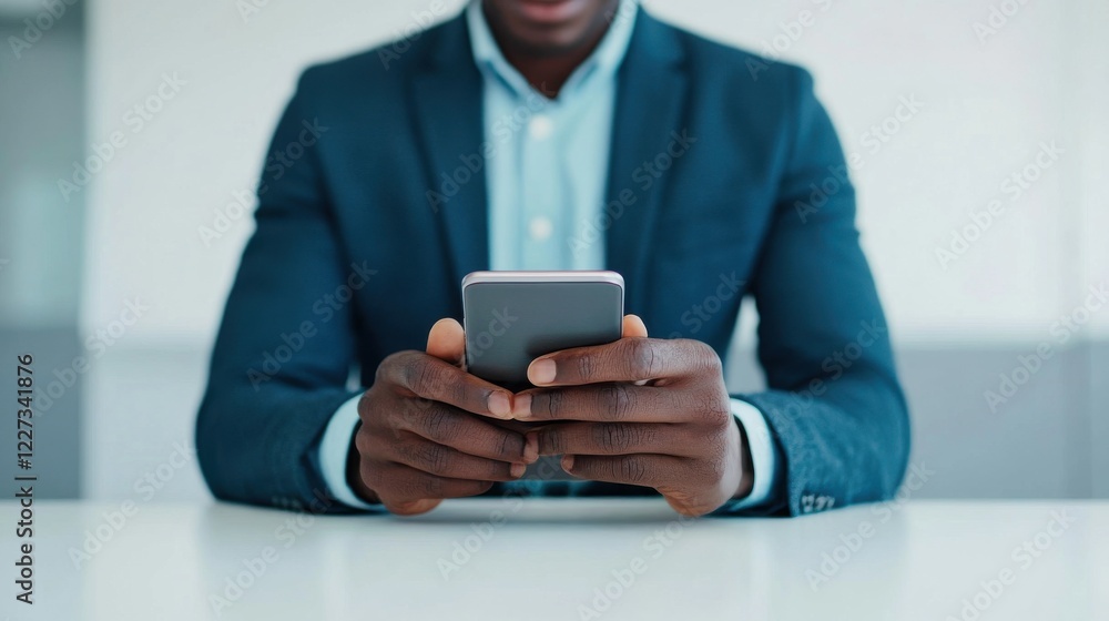 A professional individual in a suit holds a smartphone, focused on the screen, suggesting engagement in business or communication. A professional individual in a suit holds a smartphone, focused on the screen, suggesting engagement in business or communication.