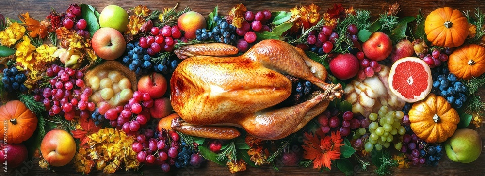 Fototapeta premium Thanksgiving Festive Turkey Dinner Table with Autumn Fruits and Floral Arrangements