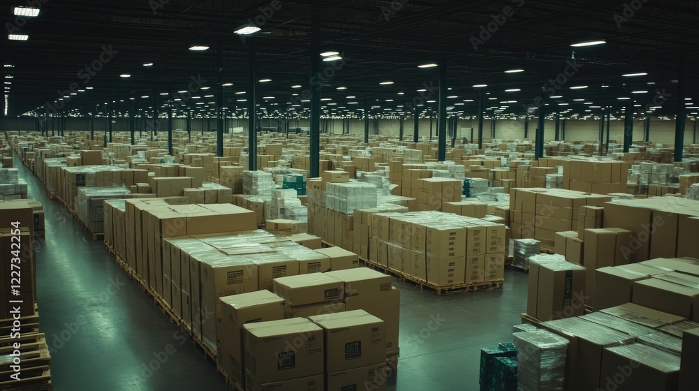A warehouse filled with neatly stacked cardboard boxes on wooden pallets, ready for shipment A warehouse filled with neatly stacked cardboard boxes on wooden pallets, ready for shipment
