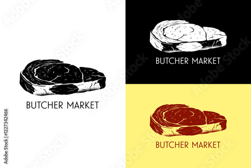 illustration of piece of raw meat, meat shop, butcher market, butcher service, butcher shop, slaughterhouse, slaughter house, organic food market, healthy, vector, logo