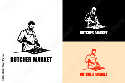 illustration of a butcher carving a steak, chopping board, butcher shop, butcher service, meat shop, slaughter house, slaughterhouse, organic food market, healthy, vector, logo