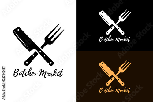 illustration of cross knife and fork, logo, vectors, butcher shop, butcher service, meat shop, slaughterhouse, slaughter house, fresh meat, organic food market, abstract