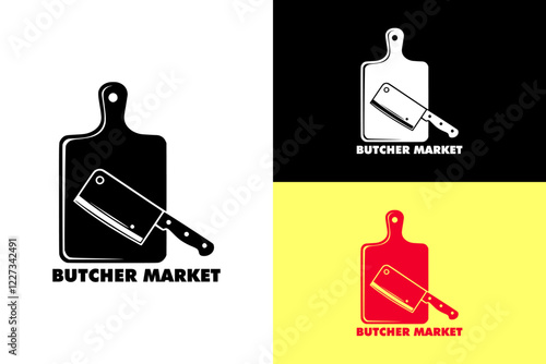 a chopping board with a knife, kitchen, meat shop, slaughter house, butcher market logo, slaughterhouse, butcher shop, butcher service, halal, poultry, organic food, supermarket, vector, logo