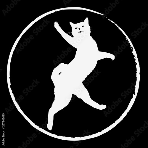 Weiße Katzensilhouette, springend, spielend, aktiv. Freigestellte Grafik im Kreis