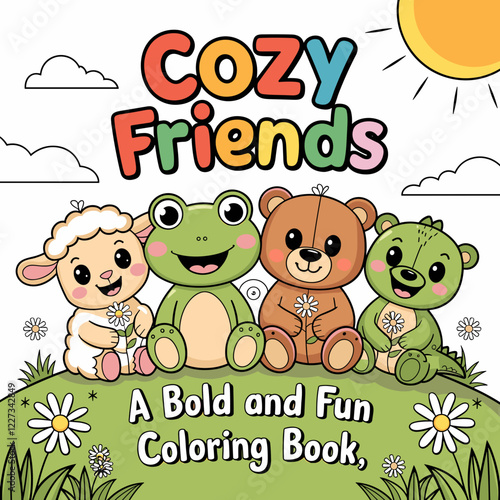 cute coloring book cover, cover, cute kids illustration, cartoon cover, cartoon illustration, kawaii coloring, easy and bold, kawaii cover, cozy, cozy cover, fuzzy, hygge, coloring pages, adult colori