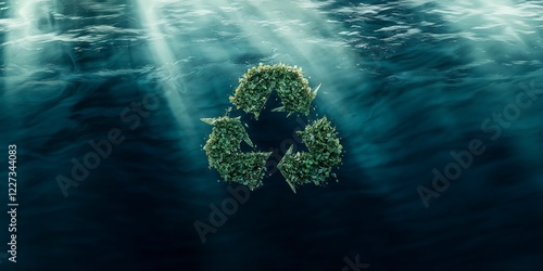 Recycling symbol submerged in ocean depths promoting ecological sustainability