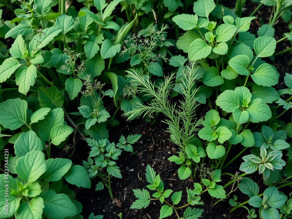 Fresh green herbs growing in a vibrant natural setting, organic, green, creative Fresh green herbs growing in a vibrant natural setting, organic, green, creative