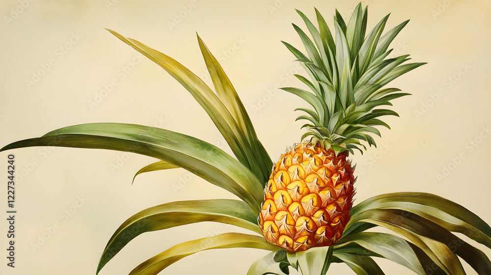 Vibrant depiction of a ripe pineapple fruit growing amidst lush foliage Vibrant depiction of a ripe pineapple fruit growing amidst lush foliage