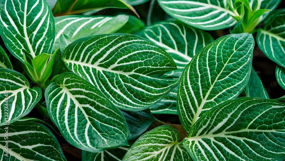Fototapeta premium Fittonia Plant, Nerve Plant, Fittonia Close-Up with Unique White Veins, Decorative Plant Fittonia with Veins, Exotic Plant Striking Vein Pattern