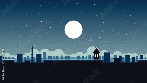 flat design vector illustration of vast starry sky engaged in night prayer with city and mosque background