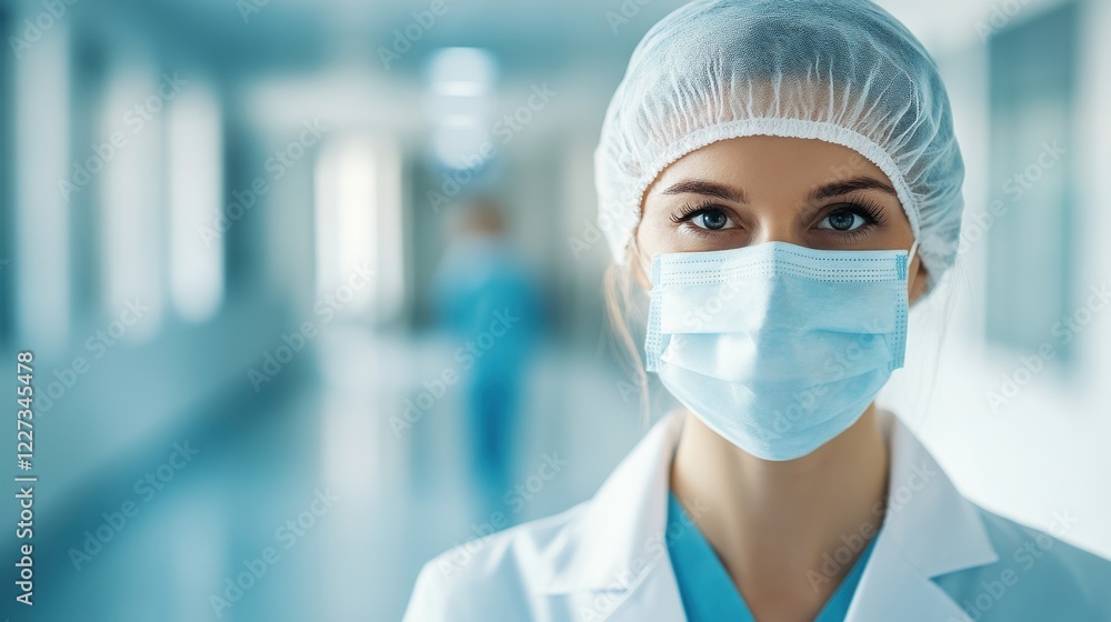 A healthcare professional in a mask and cap stands in a hospital corridor, conveying professionalism and care in a clinical setting. A healthcare professional in a mask and cap stands in a hospital corridor, conveying professionalism and care in a clinical setting.