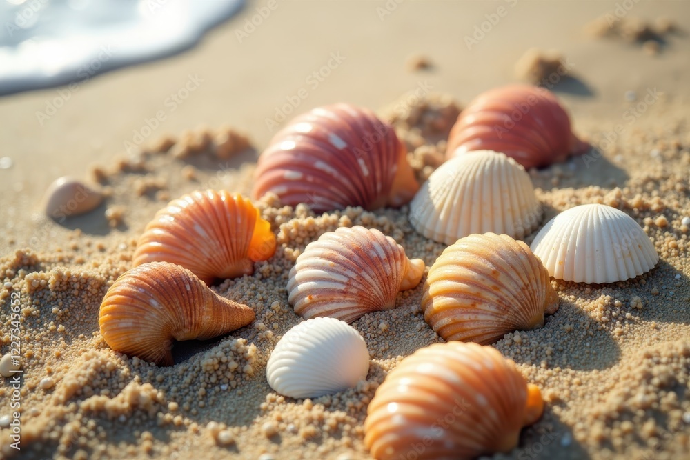 Seashell collection arranged on sandy beach, sunlit , sun, travel Seashell collection arranged on sandy beach, sunlit , sun, travel