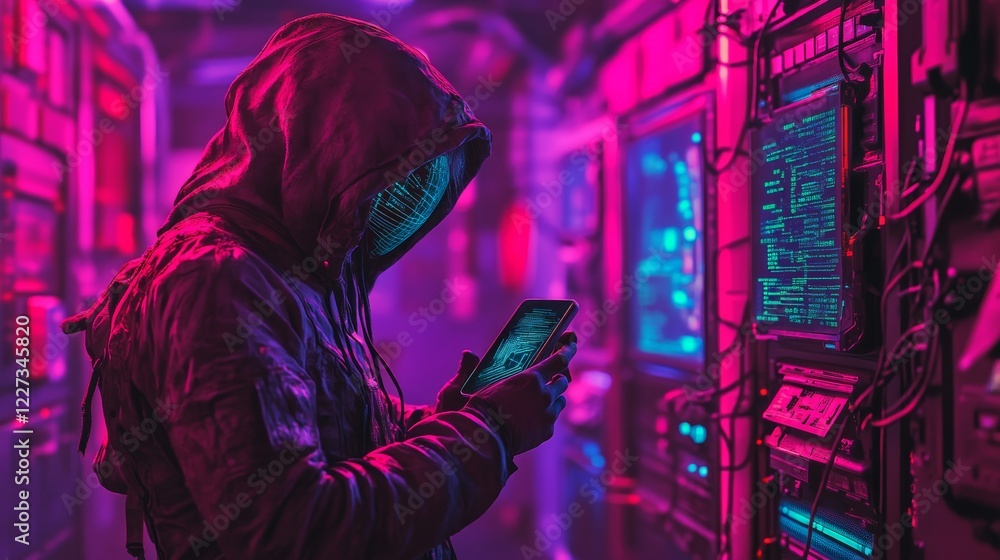 Phishing and cyber security concern online information breaches and identity theft crimes. A hacked phone illustrates these dangers. A hacker manipulating a phone with holographic data emphasizes the Phishing and cyber security concern online information breaches and identity theft crimes. A hacked phone illustrates these dangers. A hacker manipulating a phone with holographic data emphasizes the