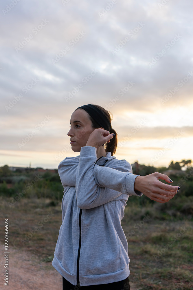 Girl doing stretching after running in the mountains at sunset. Copy space. Girl doing stretching after running in the mountains at sunset. Copy space.