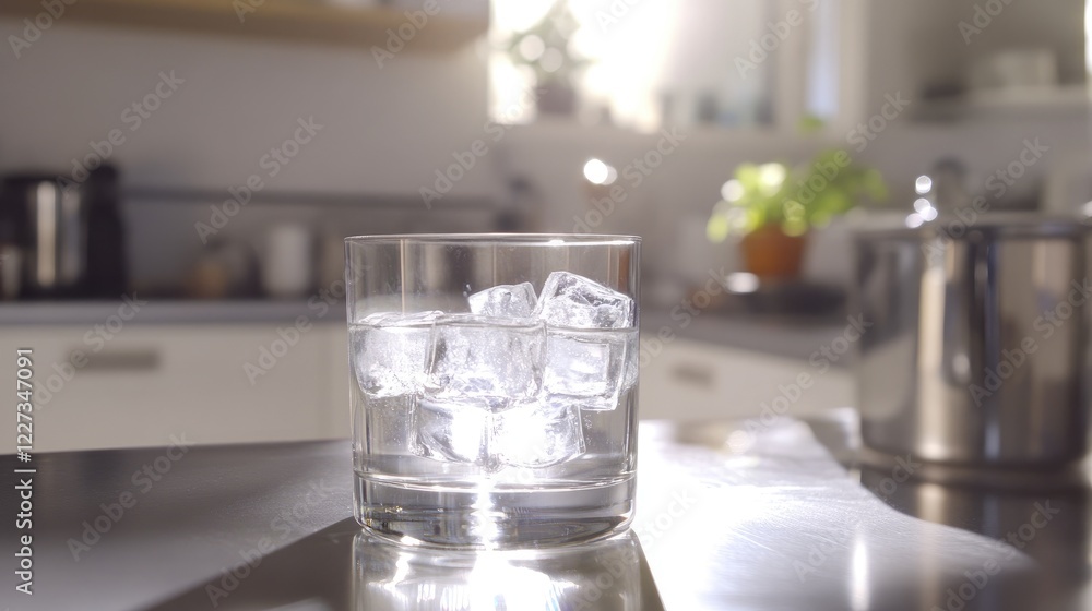 A glass of water with ice cubes on a sleek kitchen counter, illuminated by soft light, creating a modern and refreshing feel with plenty of copy space. A glass of water with ice cubes on a sleek kitchen counter, illuminated by soft light, creating a modern and refreshing feel with plenty of copy space.