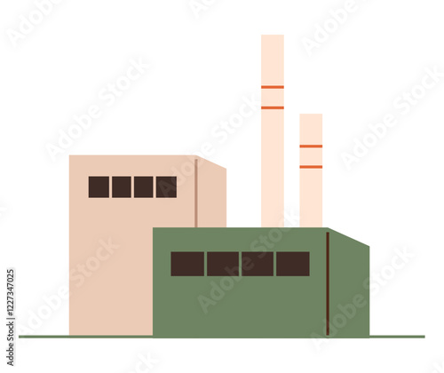 Factory with two structures, smokestacks emitting no smoke, and multiple windows. Ideal for manufacturing, industry, energy, production, pollution infrastructure urban planning. Flat color icon