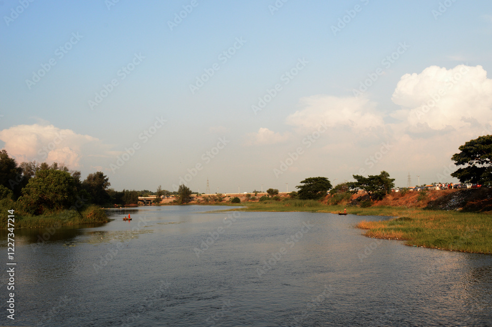 Fototapeta premium Brindavan garden near Mysuru, Karnataka, India. April 19, 2019. The garden is famous for its fountains. A tourist attraction behind KRS dam