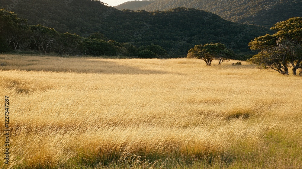 Fototapeta premium A golden field with tall grasses gently waving in the breeze, bathed in warm sunlight, creating a tranquil and calming visual backdrop.
