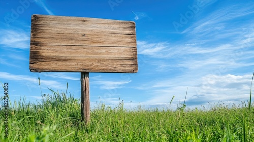 A large blank wooden advertising sign standing in a grassy field under a bright blue sky, offering plenty of space for creative content.